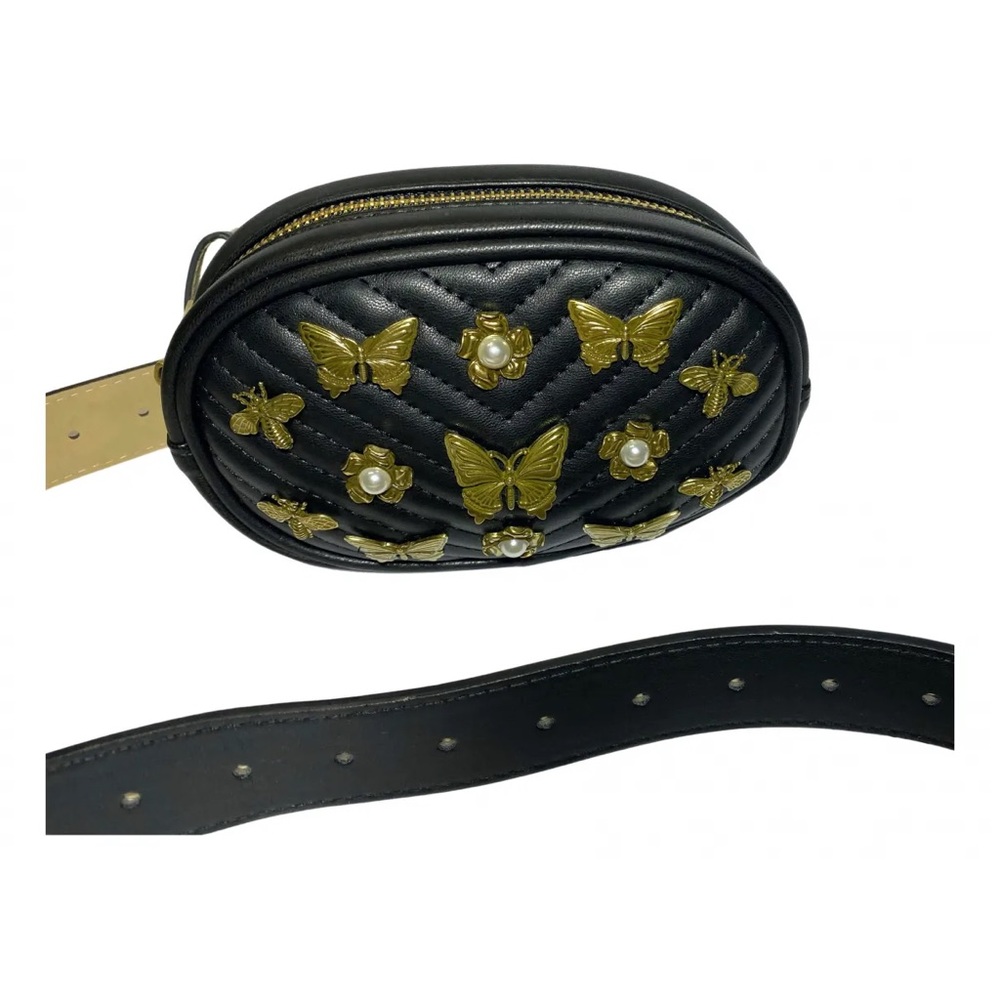 STEVEN MADDEN W-Bugged Bronze Butterfly Pearl Flowers Black Belt Bag Fanny Pack - Picture 2 of 15